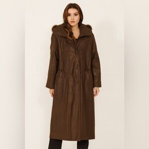 Vintage Leather Trench Jacket with Fur Hood